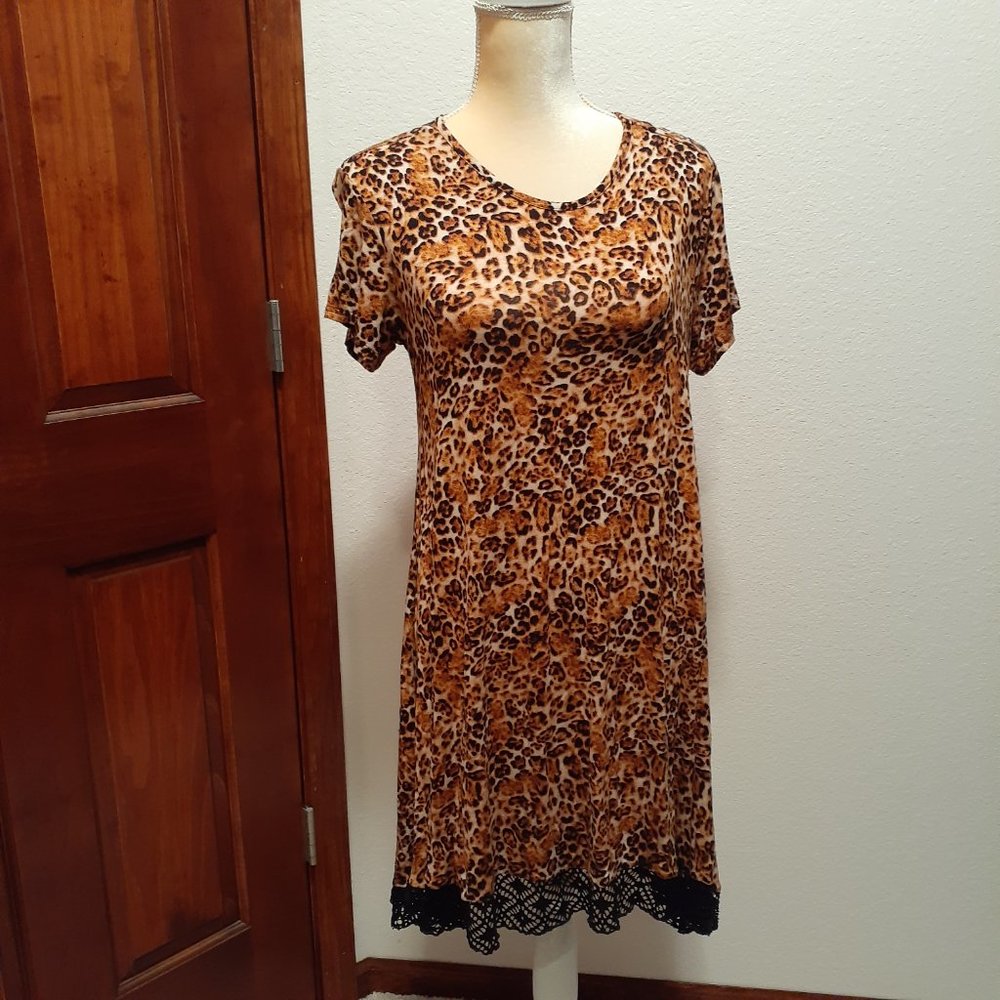 Urban Rose Boho Leopard Print Dress with black lace at hem - Size Large